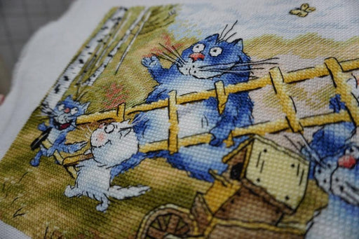 Birdhouse with Blue Cat - PDF Cross Stitch Pattern - Wizardi