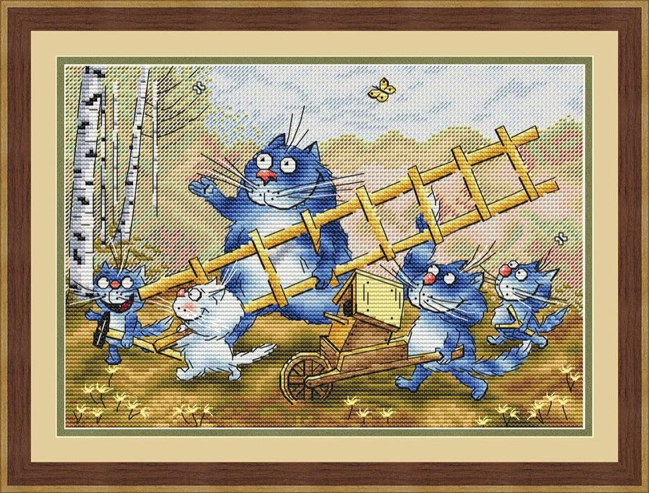 Birdhouse with Blue Cat - PDF Cross Stitch Pattern - Wizardi