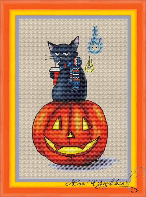 Black Cat. Halloween Kitten with Pumpkin - PDF Cross Stitch Pattern - Wizardi