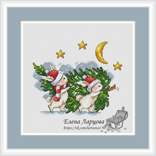 Bunnies with Christmas Tree. PDF Cross Stitch Pattern - Wizardi