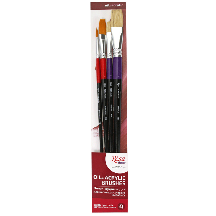 Rosa Studio Set of paint brushes 25. Mix. 4pc. Synthetic (N4,18). Bristle, (N6,14). Long Handle,