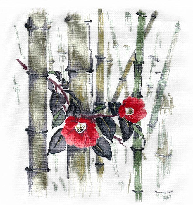 Camellias in bamboo grove 1268 Counted Cross Stitch Kit - Wizardi