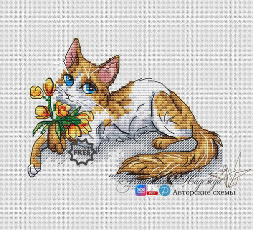Cat with Tulips. Relaxing Kitten - PDF Free Cross Stitch Pattern - Wizardi