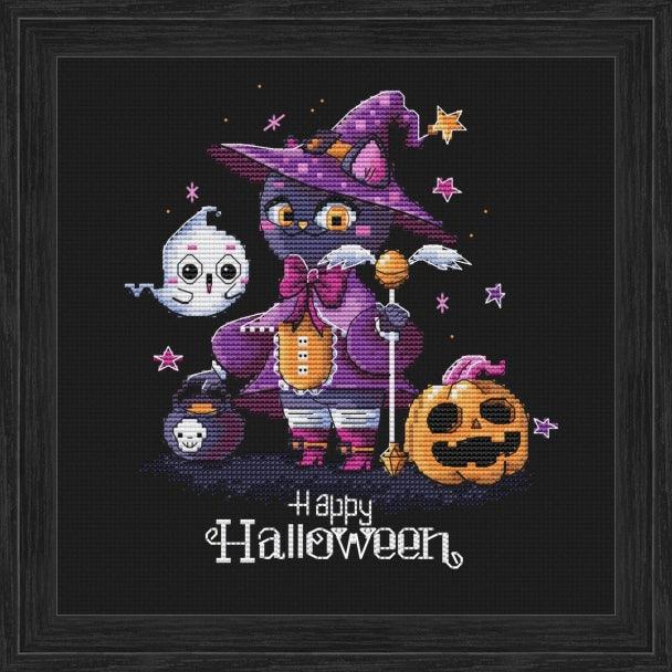 Chloe. Halloween Cat with Pumpkin and Ghost - PDF Cross Stitch Pattern - Wizardi