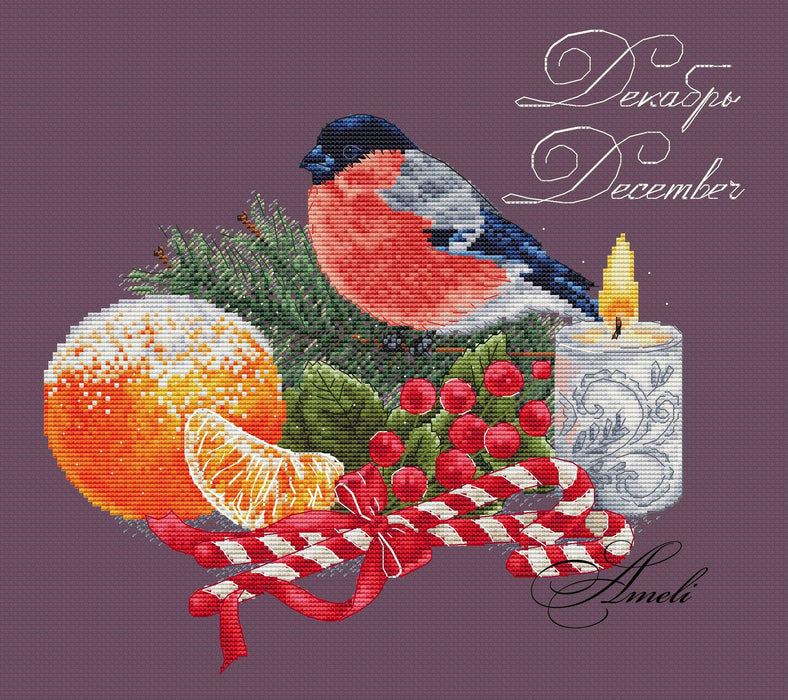 Christmas Bullfinch. December. Calendar Series - PDF Cross Stitch Pattern - Wizardi