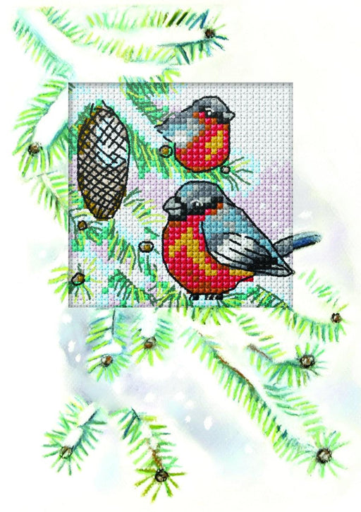 Complete counted cross stitch kit - greetings card "Bullfinches" 6267 - Wizardi
