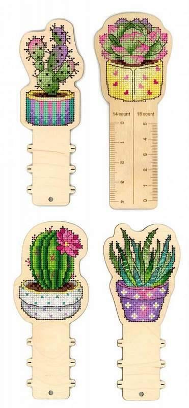 Counted Cross Stitch Kit on Plywood Cactuses 0-006 Makes 3 Bobbins and Ruler - Wizardi