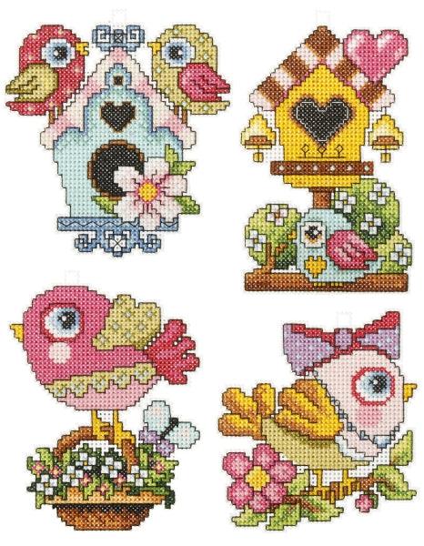 Counted cross stitch kit with plastic canvas "Birds" set of 4 designs 7642 - Wizardi