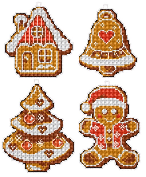 Counted cross stitch kit with plastic canvas "Christmas gingerbreads" set of 4 designs 7662 - Wizardi