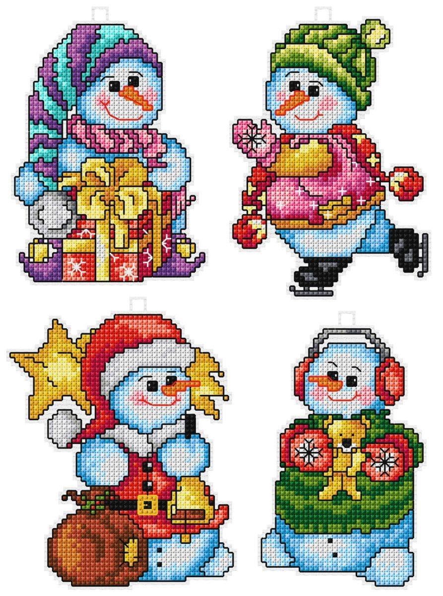 Counted cross stitch kit with plastic canvas "Snowmen" set of 4 design — Wizardi