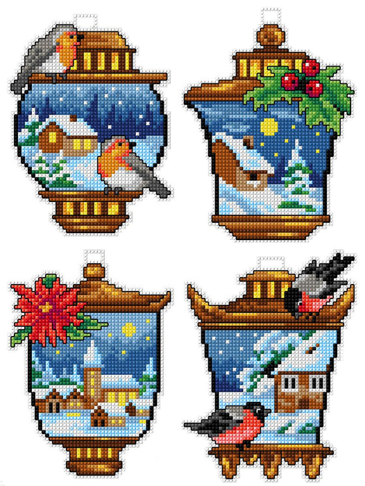 Counted cross stitch kit with plastic canvas "Winter Lantern" set of 4 designs 7688 - Wizardi