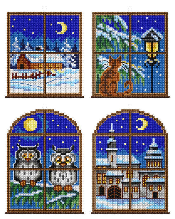Counted cross stitch kit with plastic canvas "Winter windows" set of 4 designs 7652 - Wizardi