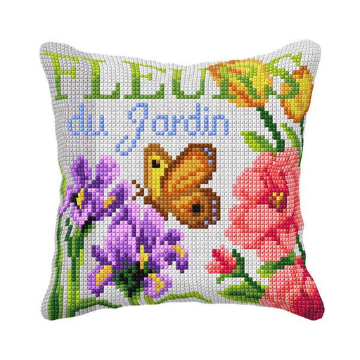Cushion cross stitch kit "Butterfly, Irises and Rose" - Wizardi