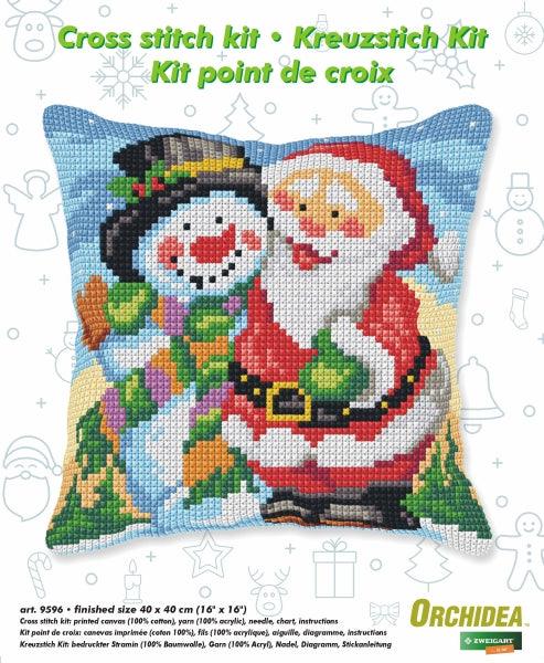 Cushion cross stitch kit "Santa Claus and Snowman" 9596 - Wizardi