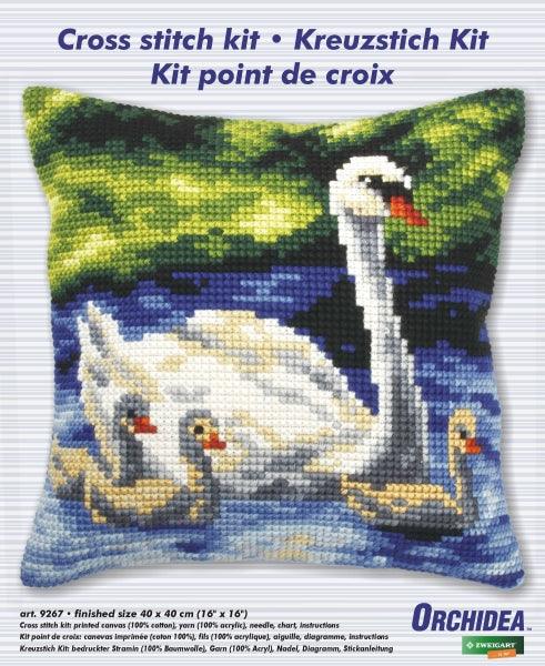Cushion cross stitch kit "Swans family" 9267 - Wizardi