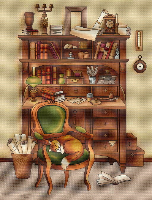 Desk with Ginger Cat. Little Kitten - PDF Cross Stitch Pattern - Wizardi