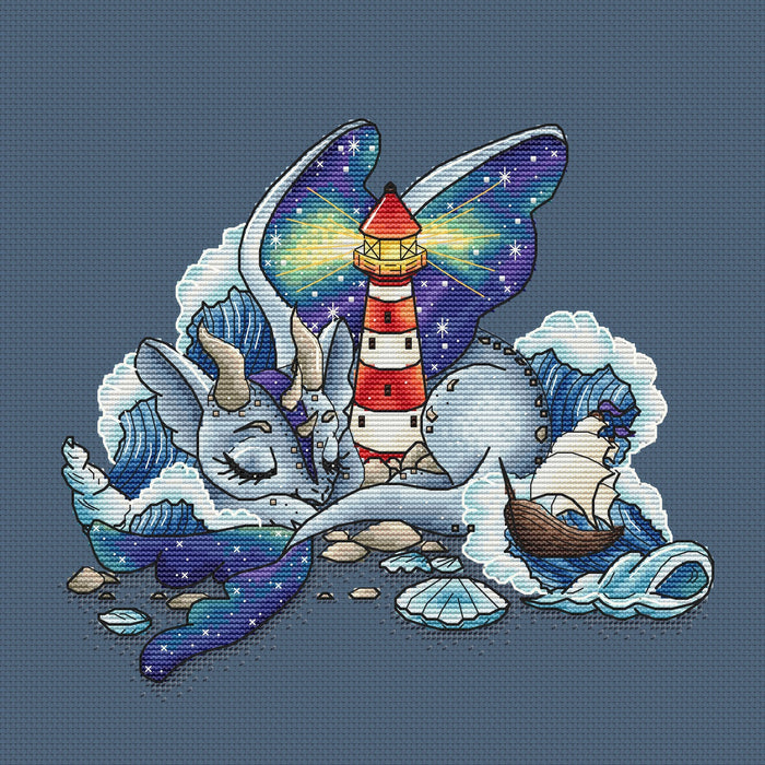 Dragon with Lighthouse - PDF Cross Stitch Pattern - Wizardi