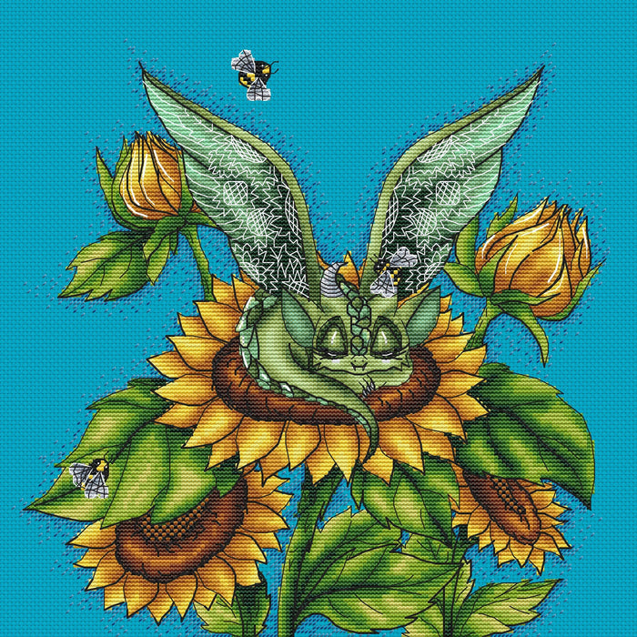 Dragons with Sunflowers - PDF Cross Stitch Pattern - Wizardi