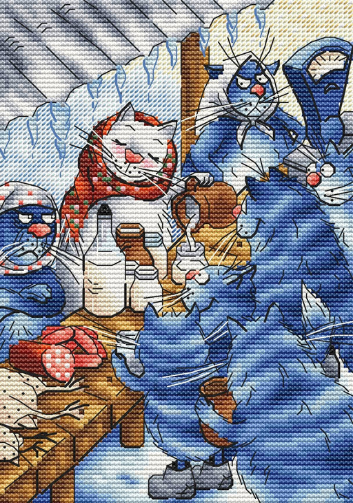 Drinking Milk with Blue Cats - PDF Cross Stitch Pattern - Wizardi