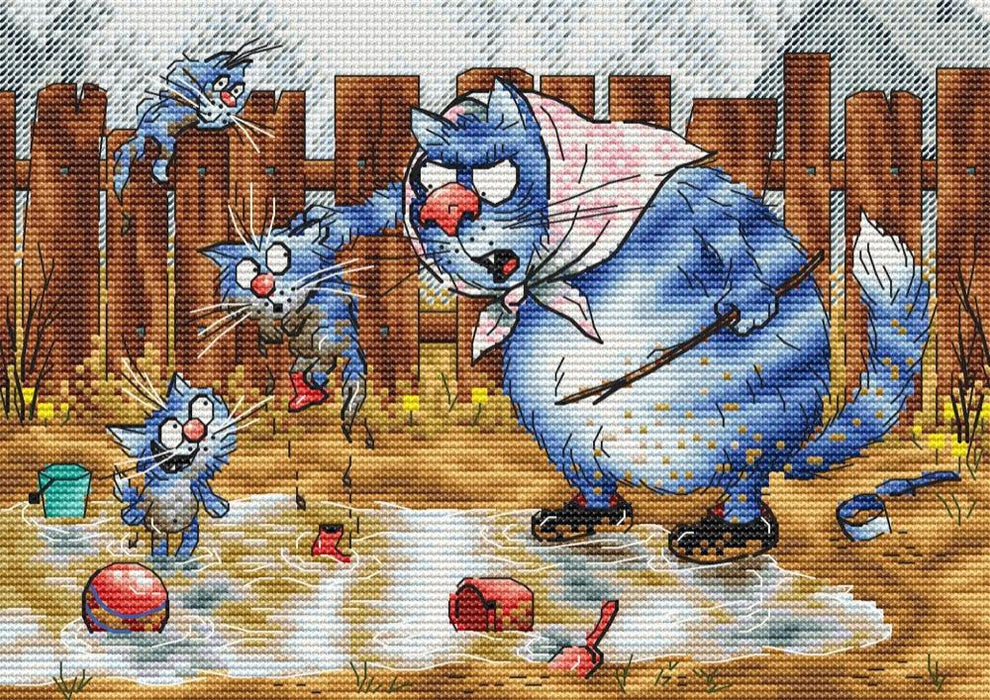 Educational Moment with Blue Cats - PDF Cross Stitch Pattern - Wizardi