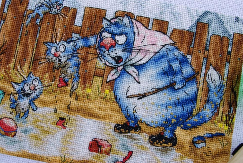 Educational Moment with Blue Cats - PDF Cross Stitch Pattern - Wizardi