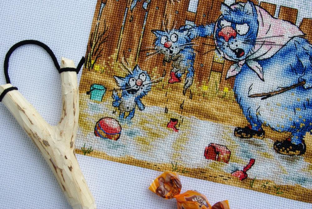 Educational Moment with Blue Cats - PDF Cross Stitch Pattern - Wizardi