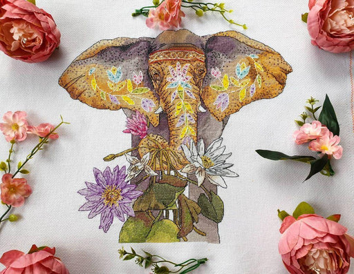 Elephant and Lotus - PDF Counted Cross Stitch Pattern - Wizardi