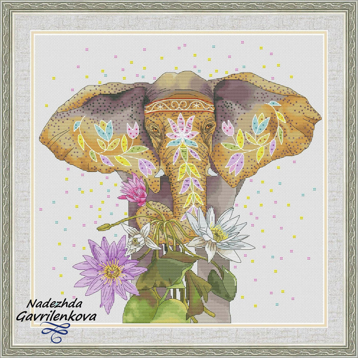 Elephant and Lotus - PDF Counted Cross Stitch Pattern - Wizardi