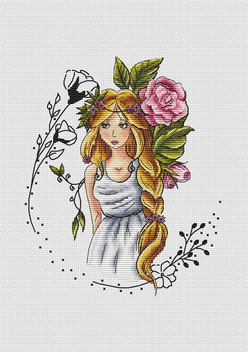 Flower Nymph. Girl with Roses - PDF Cross Stitch Pattern - Wizardi