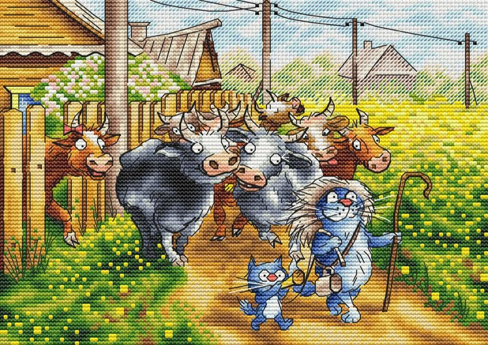 Funny Guys with Blue Cats - PDF Cross Stitch Pattern - Wizardi