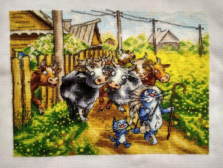 Funny Guys with Blue Cats - PDF Cross Stitch Pattern - Wizardi