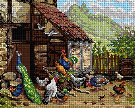 Gobelin canvas for halfstitch without yarn after Carl Jutz - Chickens and Peacock in the Yard - Wizardi