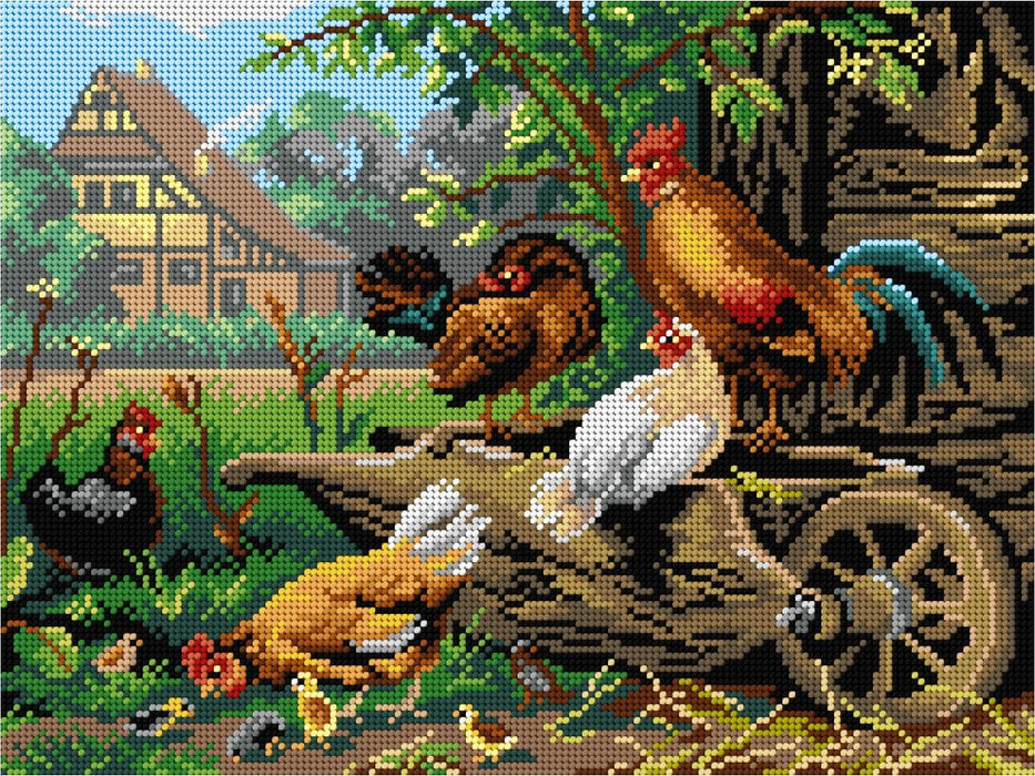Gobelin canvas for halfstitch without yarn after Carl Jutz - Farm Rooster Chickens 3282J - Wizardi