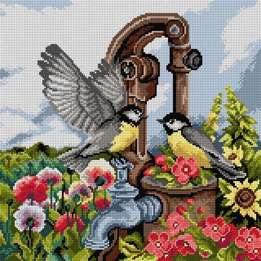 Gobelin canvas for halfstitch without yarn Birds at the Hand Pump - Wizardi