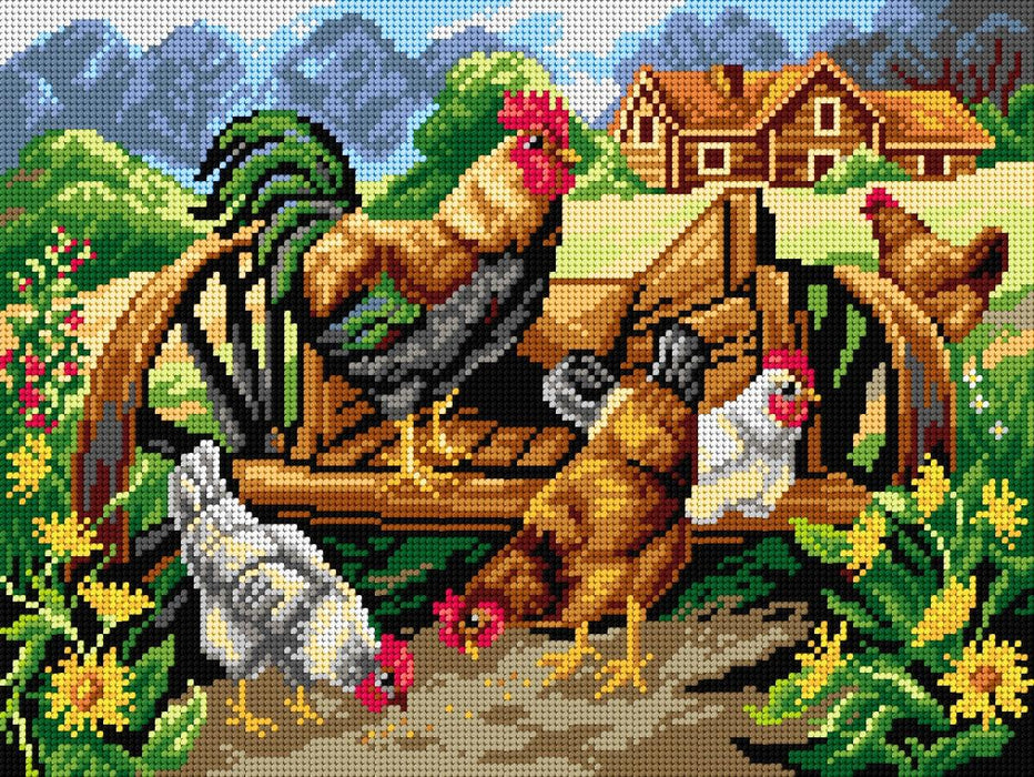Gobelin canvas for halfstitch without yarn Roaster and Chickens 3033J - Wizardi