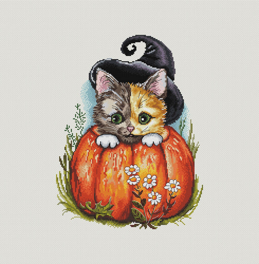 Halloween Cat. Kitten with Pumpkin - PDF Cross Stitch Pattern - Wizardi