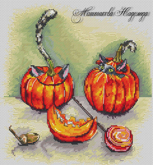 Halloween Pumpkins with Cat 2 - PDF Cross Stitch Pattern - Wizardi