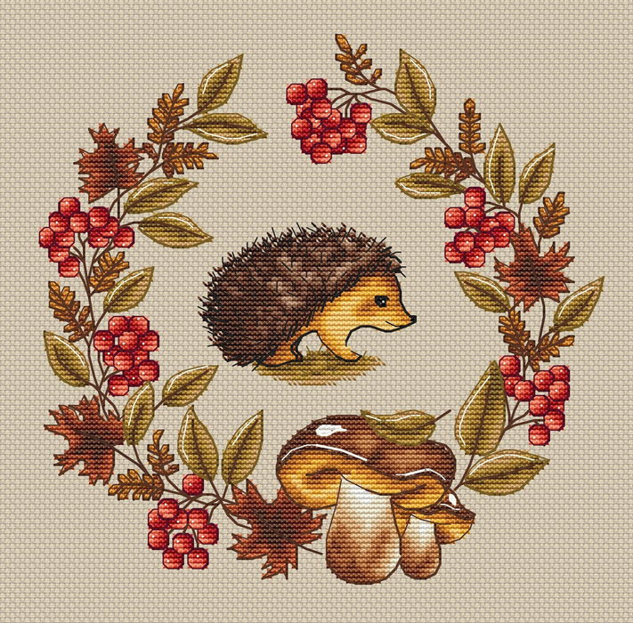 Hedgehog in the autumn wreath - PDF Cross Stitch Pattern - Wizardi