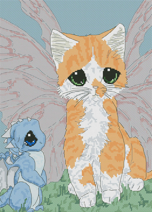 Kitten Butterfly with Dinosaur - Free PDF Cross Stitch Pattern - Wizardi