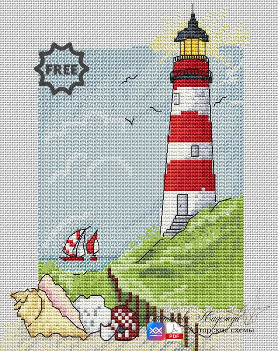 Lighthouse near the Coast - PDF Free Cross Stitch Pattern - Wizardi