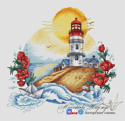 Lighthouse with Poppies - PDF Cross Stitch Pattern - Wizardi