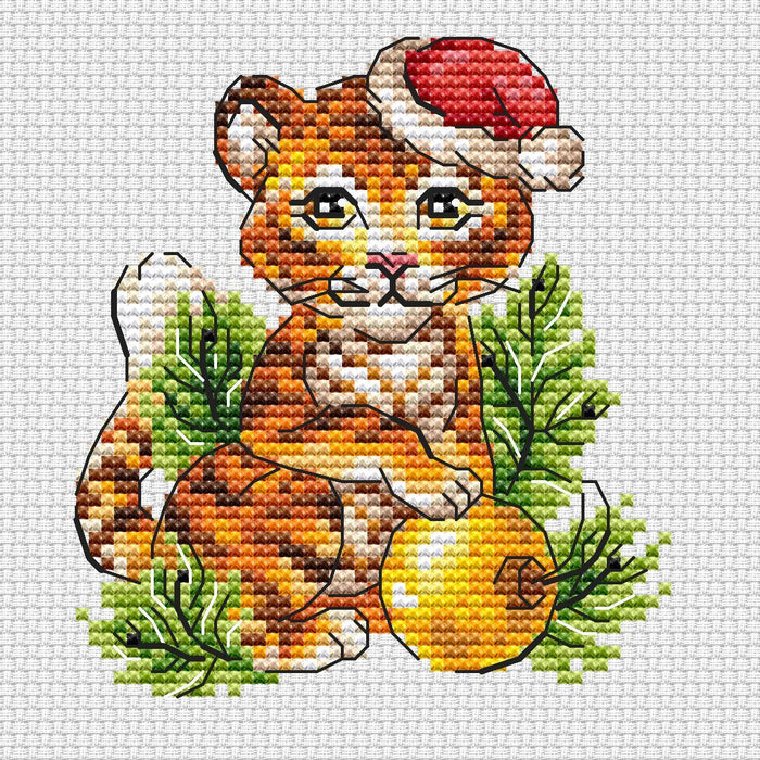 Little Christmas Tiger with Decoration - PDF Cross Stitch Pattern - Wizardi