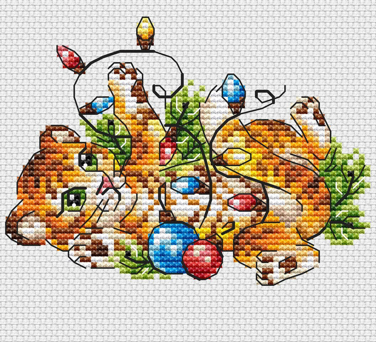 Little Christmas Tiger with Garland - PDF Cross Stitch Pattern - Wizardi