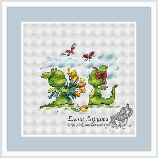 Little Dragons with Tulips - PDF Cross Stitch Pattern - Wizardi