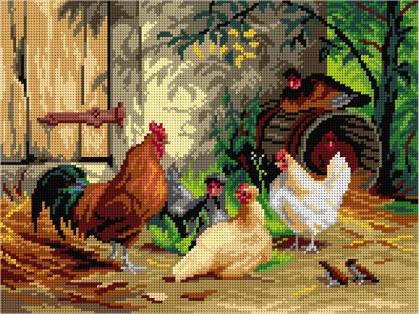 Needlepoint canvas for halfstitch without yarn after Carl Jutz the Elder - Chickens in front of the Stable 3288J - Printed Tapestry Canvas - Wizardi