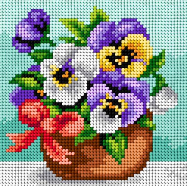 Needlepoint Canvas for halfstitch Without Yarn Basket of Pansies with A Ribbon 2453D - Printed Tapestry Canvas