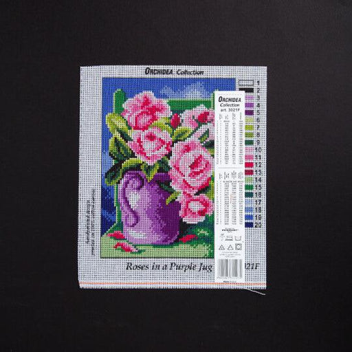 Needlepoint canvas for halfstitch without yarn Roses in a Purple Jug 3021F - Printed Tapestry Canvas - Wizardi