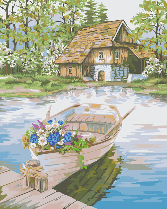 Painting by Numbers kit Crafting Spark Boat with Flowers A105 19.69 x 15.75 in - Wizardi