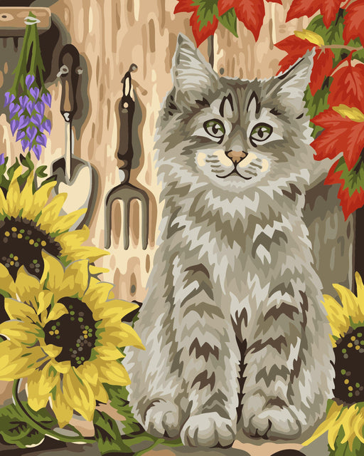 Painting by Numbers kit Crafting Spark Cat with Sunflowers H058 19.69 x 15.75 in - Wizardi