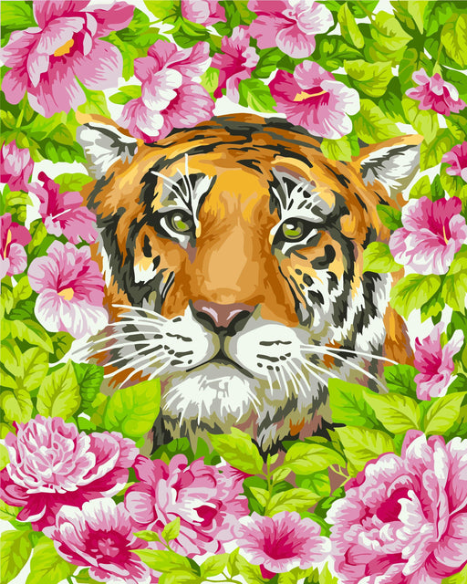 Painting by Numbers kit Crafting Spark Tiger with Flowers H099 19.69 x 15.75 in - Wizardi